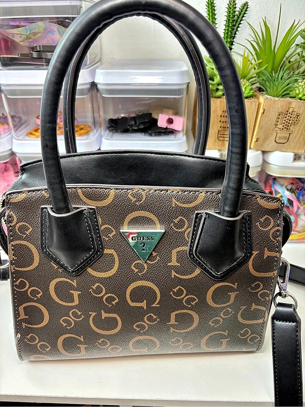 GUESS Monogram Satchel in Brown & Black